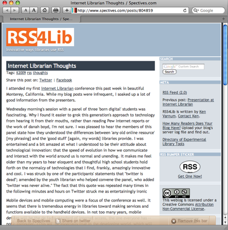 Spectives Toolbar Superimposed on RSS4Lib (screenshot)