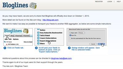 Exporting Bloglines subscriptions into OPML (click for larger version)